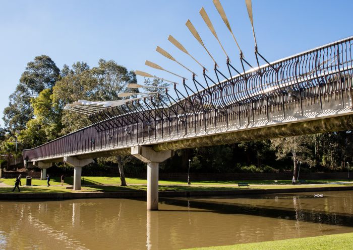 Parramatta River, Parramatta The Elizabeth Street Footbridge designed by Sydney artists Greg Stonehouse and Susan Milne over the beautiful Parramatta River, Parramatta