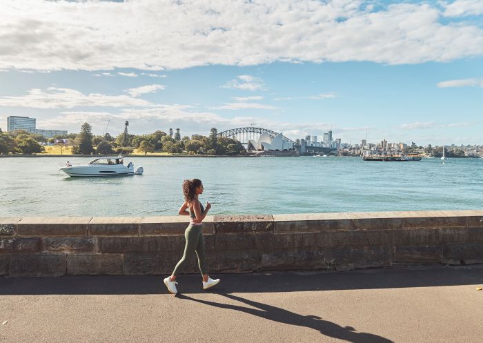 Royal Botanic Gardens, Sydney Woman running along the foreshore through the Royal Botanic Gardens, Sydney