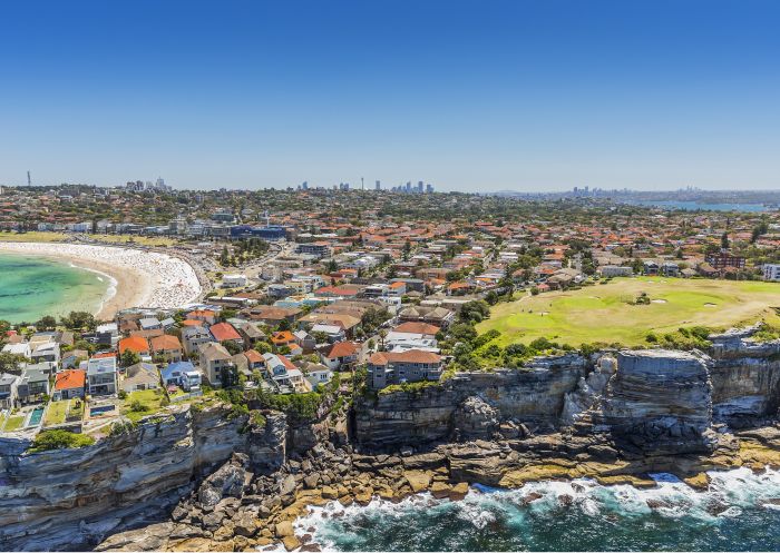 Aerial view of Bondi Golf Course, right, and Bondi Beach