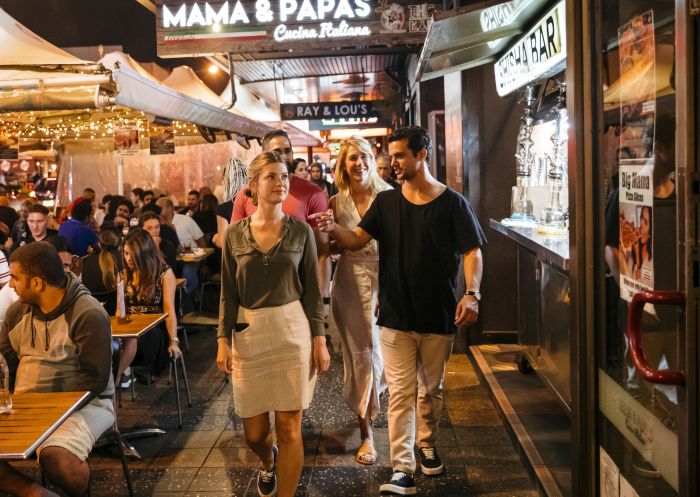 People dining at restaurants along Eat Street dining precinct in Parramatta