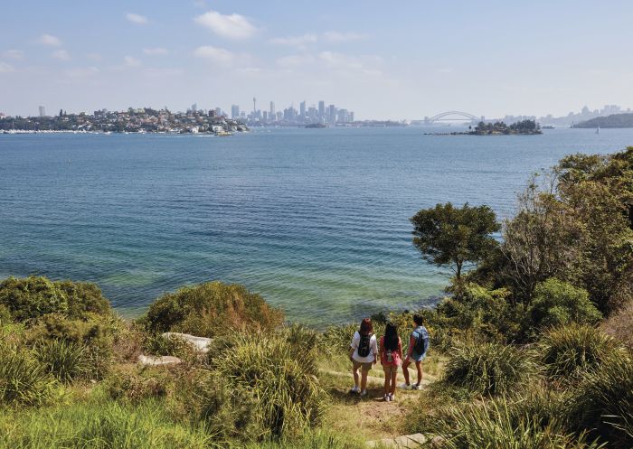 Friends enjoying scenic harbour views along the Hermitage Foreshore Track in Vaucluse, Sydney East