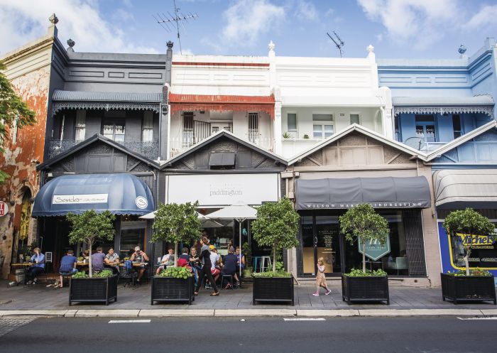 Cafes and shop fronts along the Five Ways, Paddington