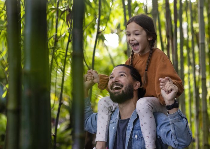 Family enjoying a visit to The Ian Potter Children's Wild Play Garden in Centennial Park, Sydney