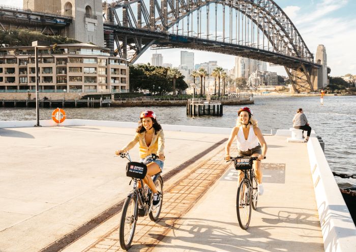 Friends enjoying a bike tour with Bonza Bike Tours, The Rocks