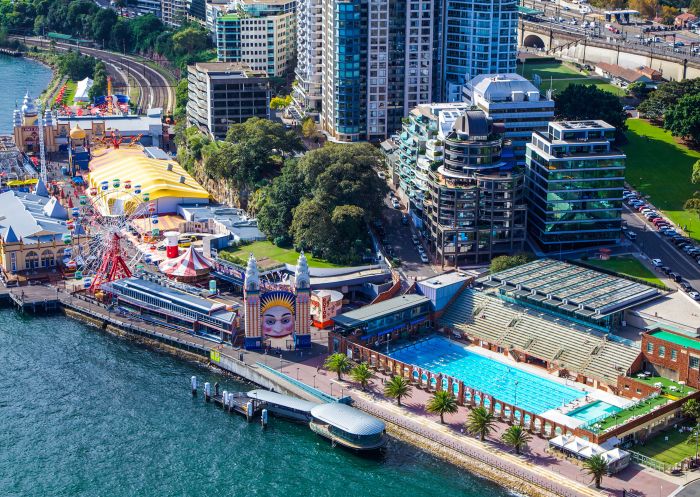 Aerial of Sydney Harbour and Luna Park, Milsons Point