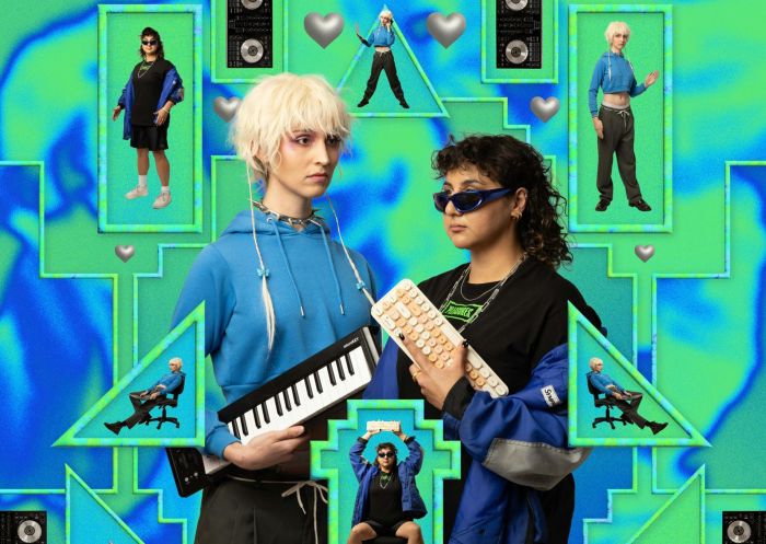 Performers holding synthesizers in Flat Earthers: The Musical, Potts Point