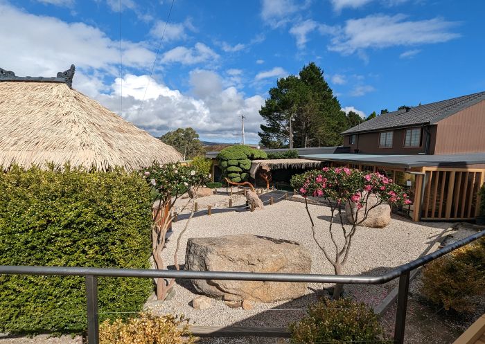 View of outdoor gardens at Japanese Bath House Blue Mountains, Bowenfels