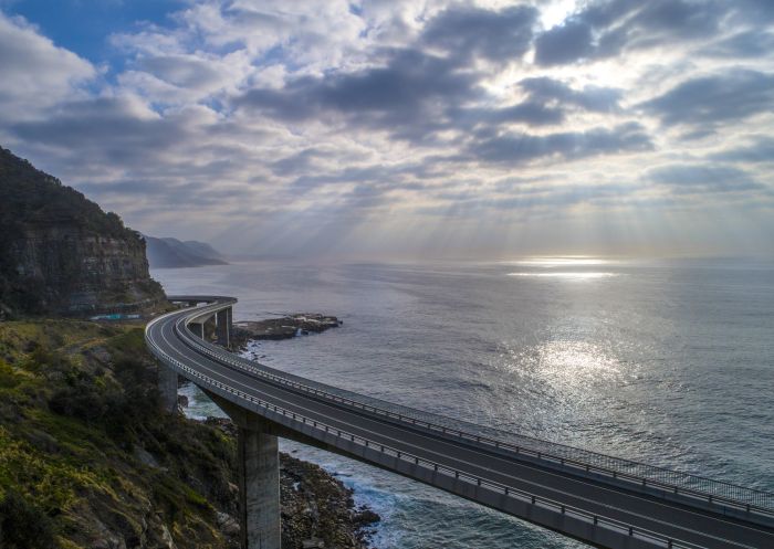 Aerial overlooking the scenic Sea Cliff Bridge, Clifton, Illawarra