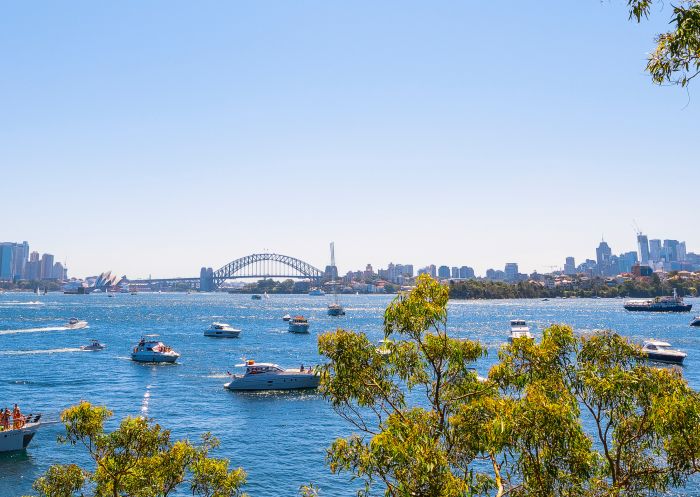 Sydney Harbour Bridge view from Bradleys Head Walk in Sydney Harbour National Park