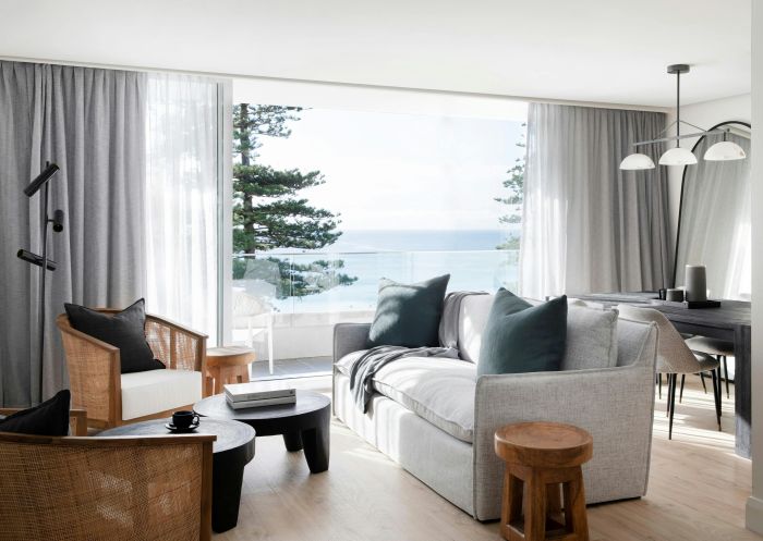 Hotel room with a balcony view of ocean in Manly Pacific MGallery in Manly Beach