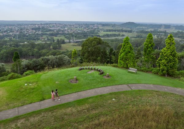 Aerial overlooking Sundial Hill at The Australian Botanic Garden, Mount Annan