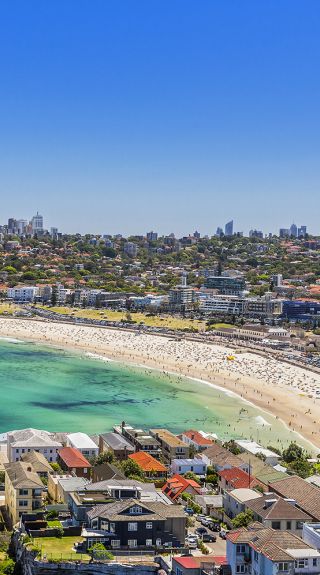 Aerial shot of Bondi Beach in Bondi , Sydney East