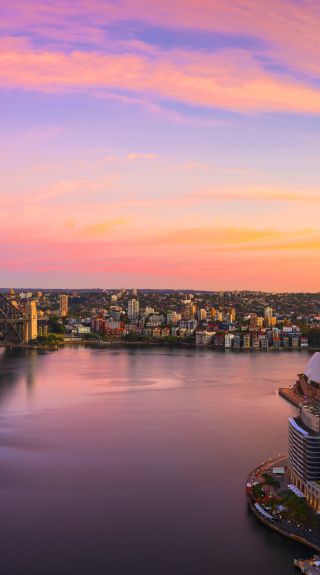 Aerial view over the sunrise in Circular Quay