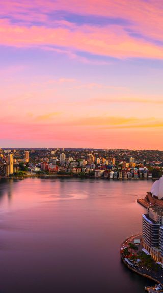 Aerial view over the sunrise in Circular Quay