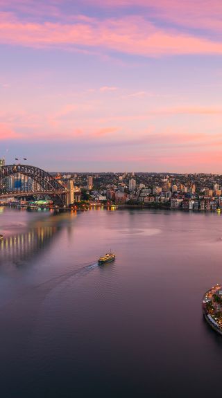 Sun rising over Sydney Harbour and Circular Quay, Sydney