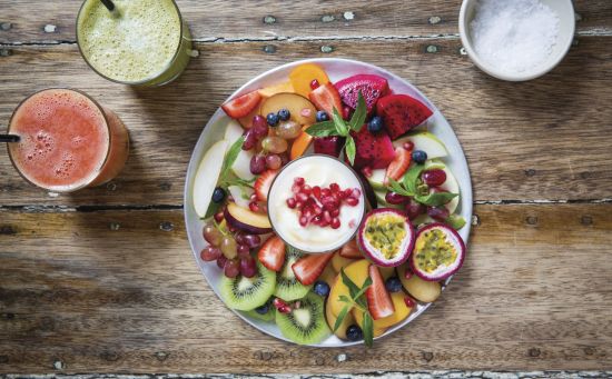 The Fruit Plate and fresh juices available at Bread & Circus Wholefoods Canteen, Alexandria