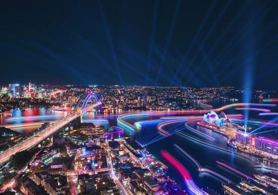 Views of Harbour Lights installations on marine vessels moving across Sydney Harbour during Vivid Sydney 2019