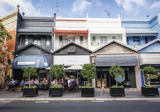 Cafes and shop fronts along the Five Ways, Paddington