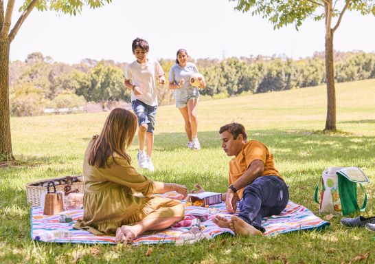 Family enjoying a picnic under the trees at Bicentennial Park, Sydney Olympic Park