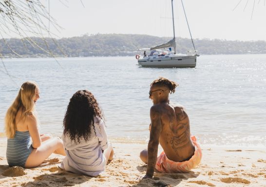 Friends enjoying a beach on Pittwater with Allsail Sailing Club and Pittwater Yacht Charter, Church Point